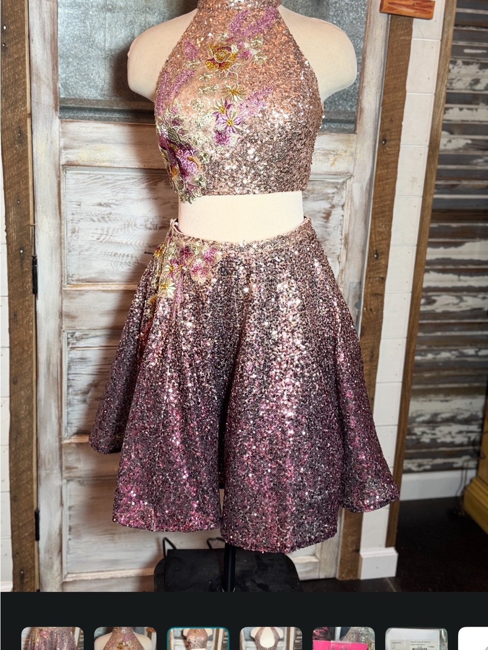 Jovani Rose Gold Sequin Halter Crop Top & Skirt